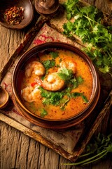 Delicious shrimp soup with fresh cilantro in a wooden bowl on a rustic wooden table top view