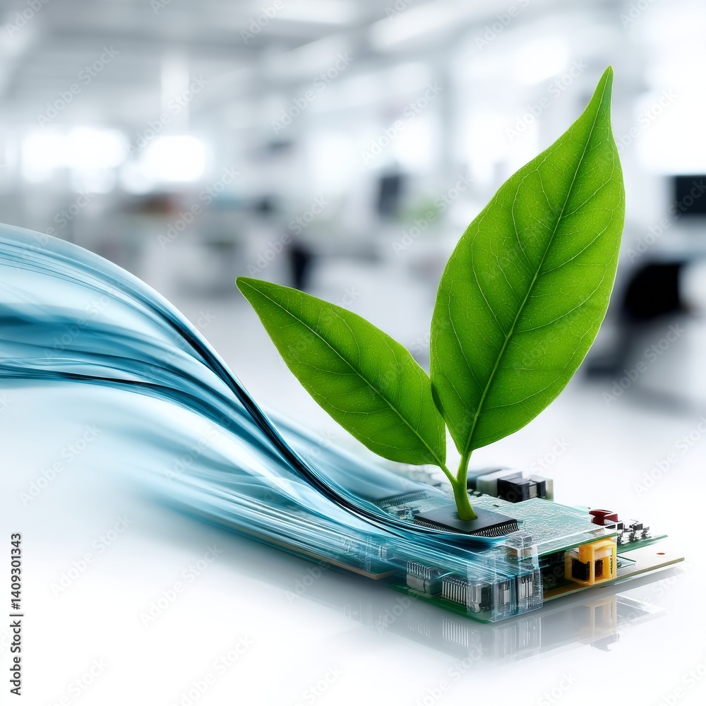 Poster technology and nature intertwined: a green leaf sprouts from a circuit board with a flowing water ef