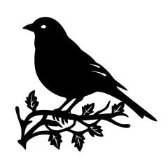 Silhouette of a Bird Perched on a Branch with Leaves Detailed Illustration
