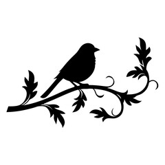 Silhouette of a Bird Perched on an Ornate Branch with Flourishes