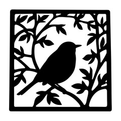 Elegant Black Silhouette of a Bird Perched on a Branch Within a Square Frame Artistic Nature Design