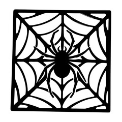A black spider in the center of a square web design graphic illustration