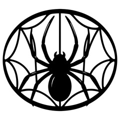 Black Spider Silhouette in a Circular Web Graphic Design Element for Halloween Decoration