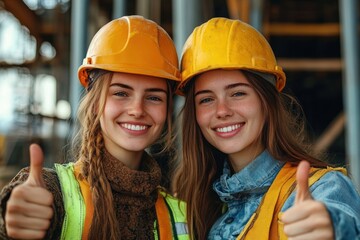 Young Women in Construction Site Thumbs Up Success Training Craftsmanship Engineering