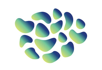 Set of liquid organic shapes, irregular form in vibrant colors. Colorful simple freeform, asymmetric blob. Blue gradient abstract figures. Wavy spots or fluid amorphous splodges. Modern uneven blots