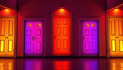 Row of vibrant colored doors illuminated by matching lights, exterior, colorful