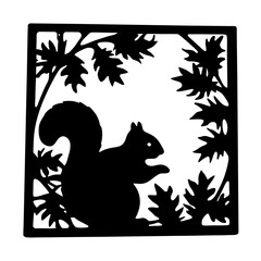 A Silhouetted Squirrel Framed by Oak Leaves in a Square Design