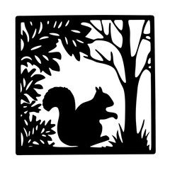 Silhouette of a Squirrel in a Square Frame Surrounded by Trees and Leaves