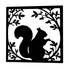 Silhouette of a Squirrel in a Square Frame of Branches and Leaves