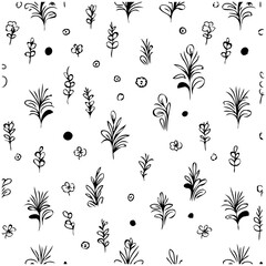 Seamless Black and White Botanical Doodle Pattern