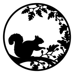 Silhouette of a Squirrel on a Branch within a Circular Oak Leaf Frame