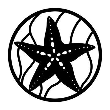 recommend clip art: Black and White Starfish in Circular Seaweed Design Ocean Life Illustration