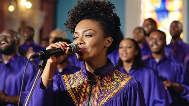 Black woman singing at a gospel church