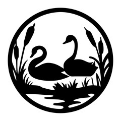 Elegant Silhouette of Two Swans in a Circular Pond Scene with Reeds