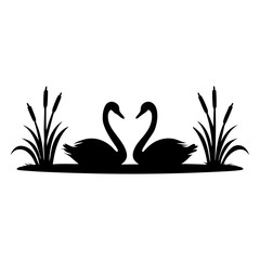 Pair of Swans in a Heart Shape on a Lake with Cattails