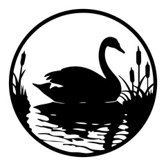 Elegant Black Swan Silhouette in a Circular Pond Scene with Reeds
