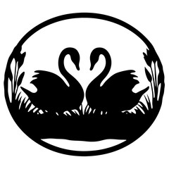 Elegant Black Swans in Oval Frame Romantic Nature Illustration