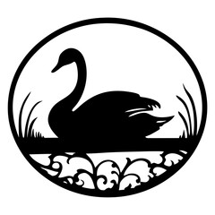 Obraz premium Elegant Black Swan Silhouette in Circular Frame with Water and Reeds