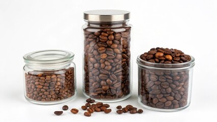 Set of roasted coffee beans in glass jars on white background. Transparent packaging preserves aroma and freshness. Ideal for cafe, kitchen and beverage advertising.