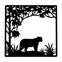 Silhouette of a Panther in a Lush Tropical Forest Setting Framed by Intricate Cutout Artwork © Tanjila