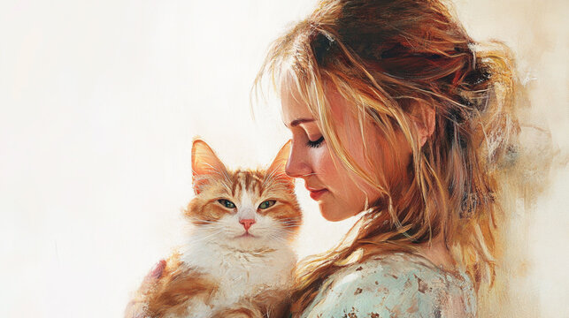 Medium shot woman with cat in studio
