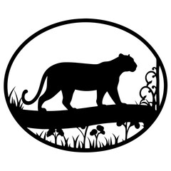 Obraz premium Majestic Black Panther Silhouette in Oval Frame with Lush Grass and Flowers