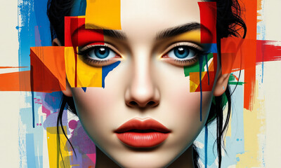 Obraz premium An abstract portrait of a person with fragmented geometric shapes and bold colors blending into the face