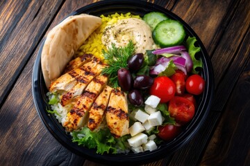 Delectable mediterranean chicken bowl with vibrant vegetables and hummus on rustic wooden table top view healthy cuisine