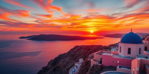Obraz premium Santorini sunset, caldera view, volcanic cliffs, Aegean Sea, vibrant colors, fiery sky, Santorini, scene