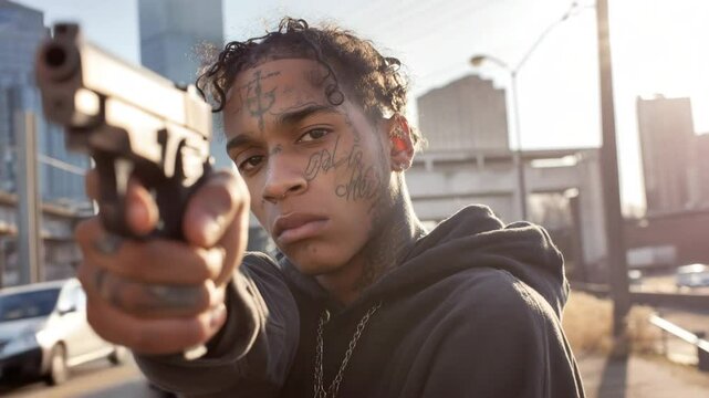 Young gang member man holding a gun on a street