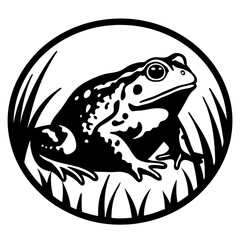 A Striking Black and White Illustration of a Frog Sitting in Grass