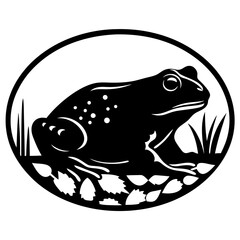 A striking black and white illustration of a frog in a circular frame, detailed with grass and textured ground