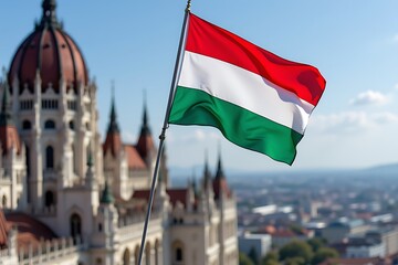 The Hungarian flag waving beside the Parliament building in Budapest