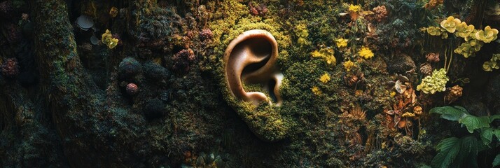 Surreal auditory landscape featuring an ear nestled amidst thriving moss and flora