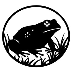 A Silhouetted Frog in a Circular Frame Surrounded by Grass