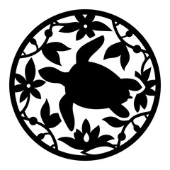 Sea Turtle in Floral Circle Black and White Design Decorative Art