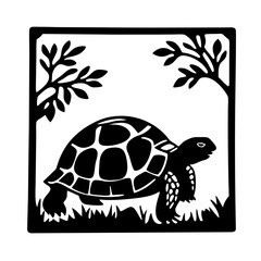 A Black and White Illustration of a Tortoise in a Frame with Plants