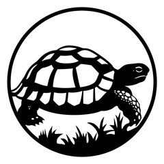 A Stunning Black and White Illustration of a Tortoise in the Grass within a Circular Frame