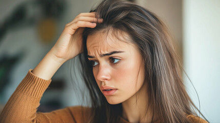 Naklejka premium Exhausted tired woman with closed eyes touching head 