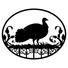 Elegant Silhouette of a Turkey in an Oval Frame with Ornate Floral Designs