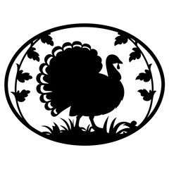 Thanksgiving Turkey Silhouette in Oval Frame with Foliage