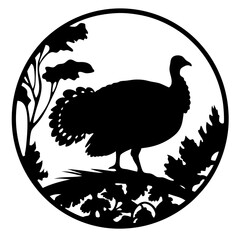 Silhouette of a Wild Turkey in a Circular Frame with Foliage