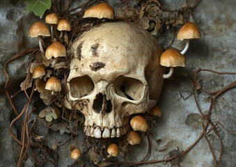 Macabre fungal growth on skull symbolizing decay and rebirth nature's embrace