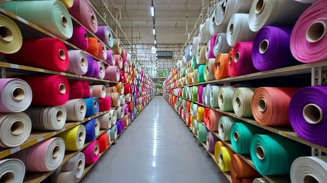 Vibrant Yarn Rolls in a Warehouse: A Colorful Textile Inventory
