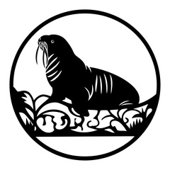 Elegant Black and White Illustration of a Walrus Resting on a Rocky Shore within a Circular Frame