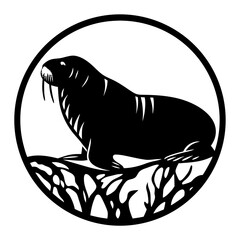Elegant Black and White Illustration of a Seal Resting on Rocks in a Circular Frame