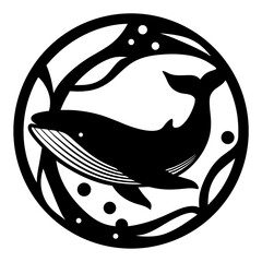 Majestic Whale in Circular Ocean Frame Artistic Design Black and White Illustration © Tanjila