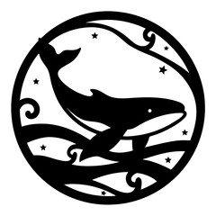 Silhouette of a Whale Leaping Through Starry Night Ocean Waves in a Circular Frame