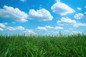 Obraz premium Blue Sky Grass. Cloudy Sky over Lush Green Meadow in Horizontal Composition