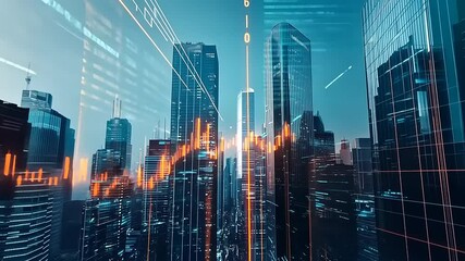 Futuristic city skyline with digital financial graphs overlaying skyscrapers at twilight - Powered by Adobe